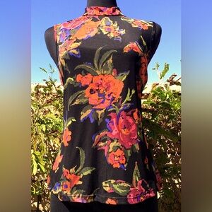 VINCE CAMUTO Sleeveless 2 Layer High Neck Floral Black Blouse Top